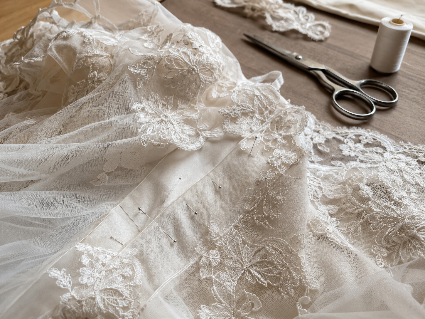 Lace and tulle bridal fabric pinned for detailed alteration work.