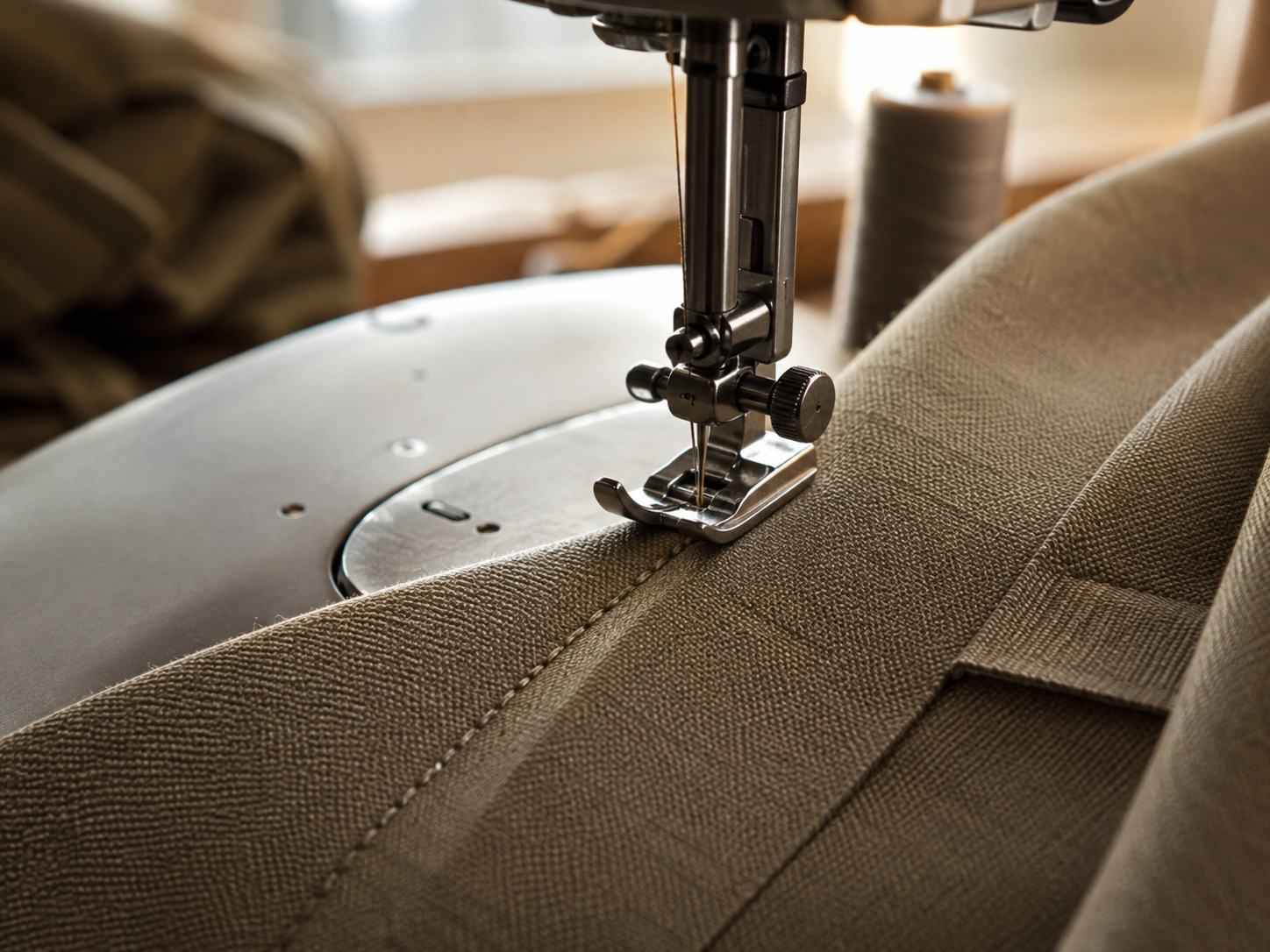 Sewing machine stitching a precise seam in textured fabric.