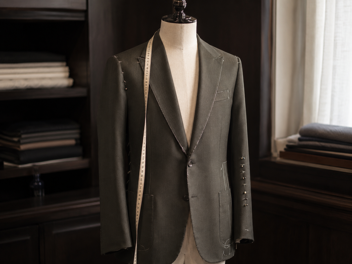 Suit jacket on a dress form with tailoring marks, pins, and a measuring tape.