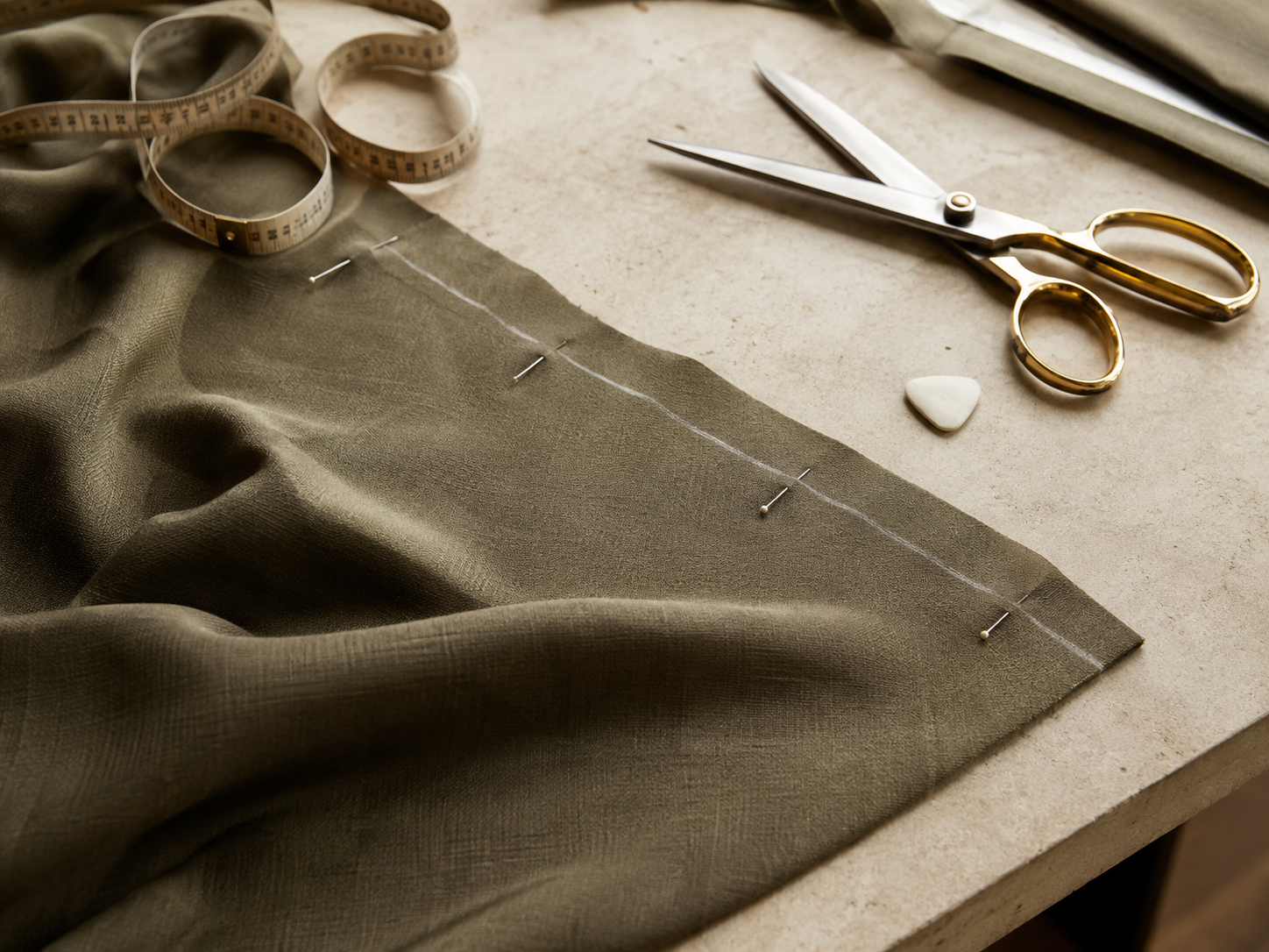 Tailoring shears, measuring tape, chalk, pins, and fabric prepared on a work surface.